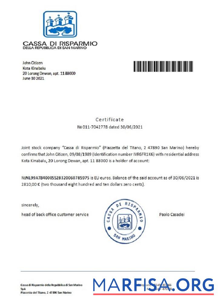 Downloadable San Marino Cassa di Risparmio reference example